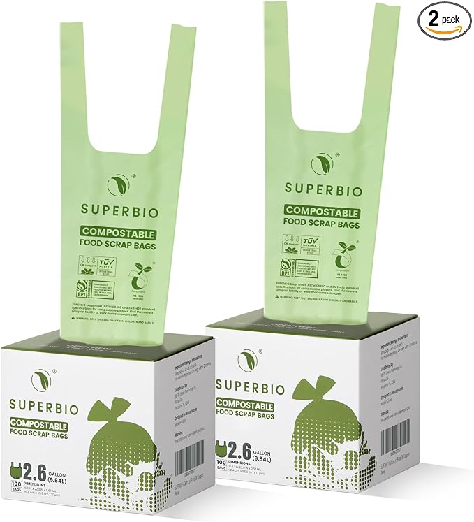 SUPERBIO 2.6 Gallon Compostable Bags, 2 Pack, Handle Tie Food Waste Bags by SUPERBIOCOMPOSTABLEBAGS