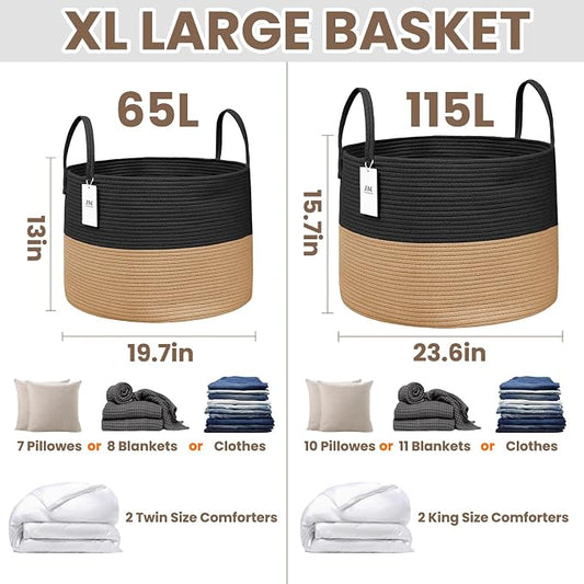 Woven Blanket Basket, 115L Large Rope Storage Bin - Image 2