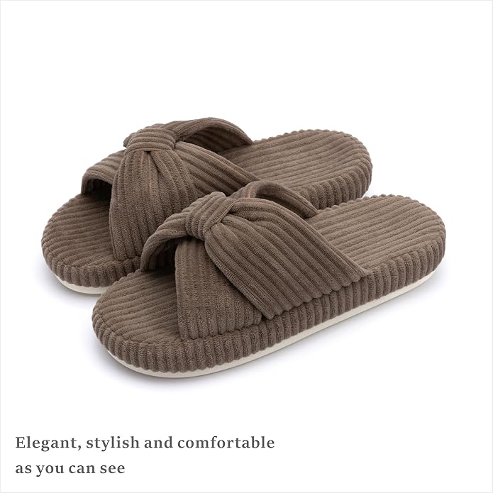 Chantomoo Slippers for Women Memory Foam House Bedroom Corduroy Bow Crossbands - Image 6