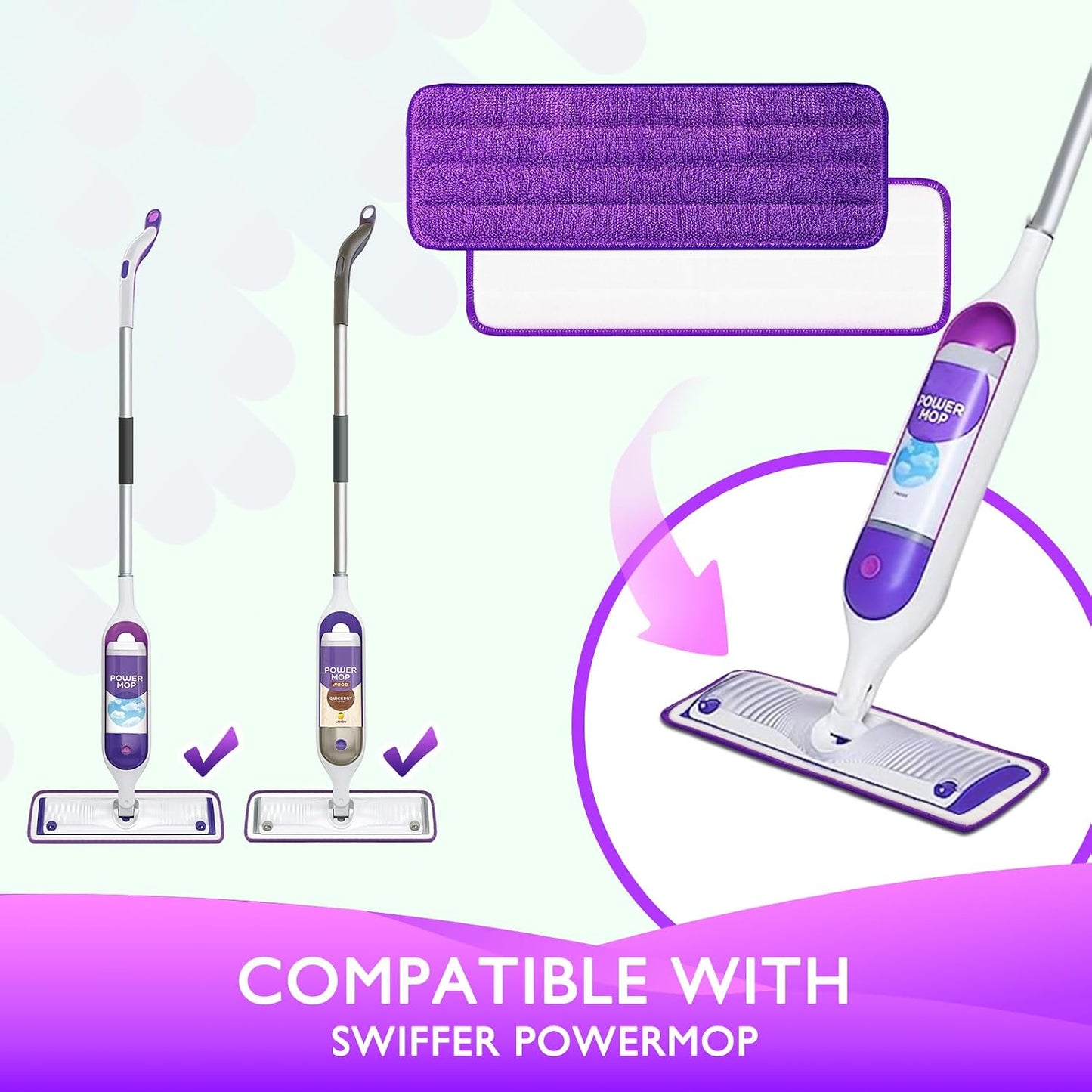 Reusable Power Mop Refills Pads Compatible with Swiffer PowerMop Mop - Microfiber Power Mop Pads Refill for 13 ''-15 '' Spray Mop- Washable Pads for Multi-Surface Floor Cleaning, 4 Pack