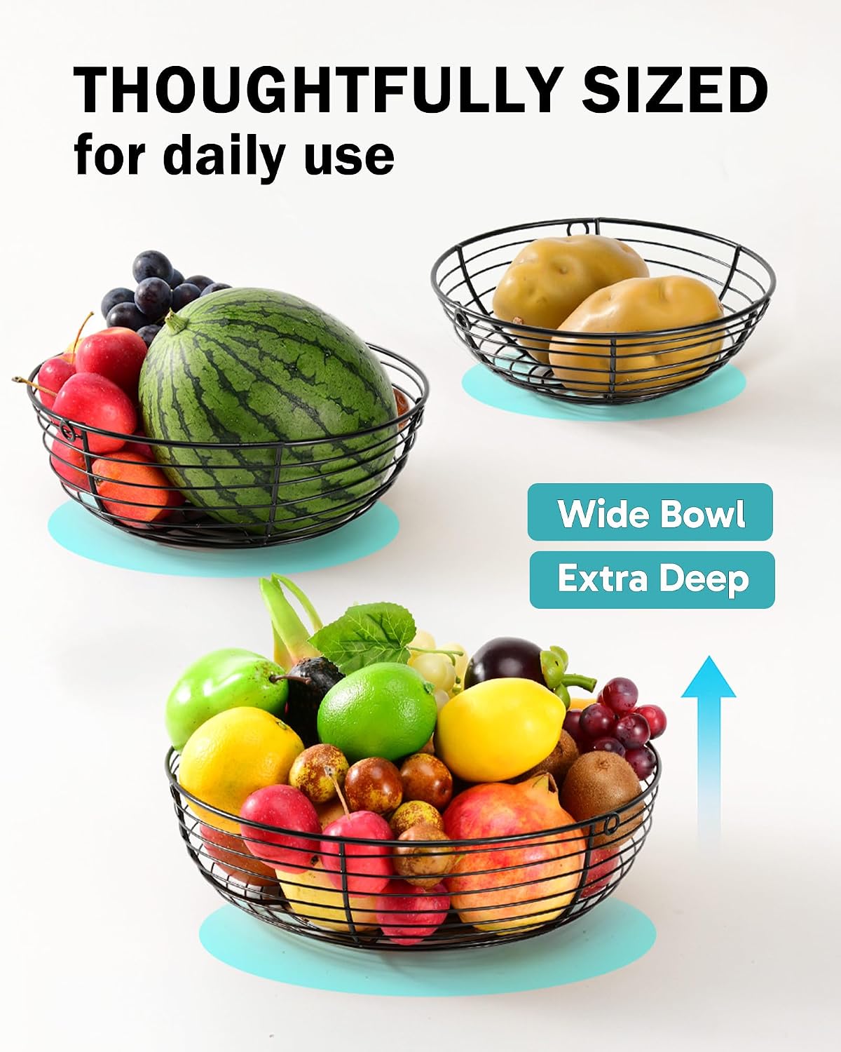 Hanging Fruit Basket for Kitchen, 3-Tier Hanging Fruit Basket | Easy Installation, Ceiling Hook Included, Adjustable Chain, Removable Baskets, Banana Hook, Produce & Vegetable Organizer