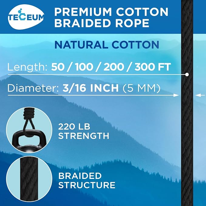 TECEUM Cotton Rope 3/16” – 200 FT – Strong All-Purpose Braided Rope – Natural - Image 2