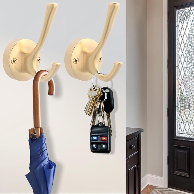 Gold Wall Hooks, 5 Pack Coat Robe Hook Heavy Duty Metal Double Bath Hook Wall - Image 8