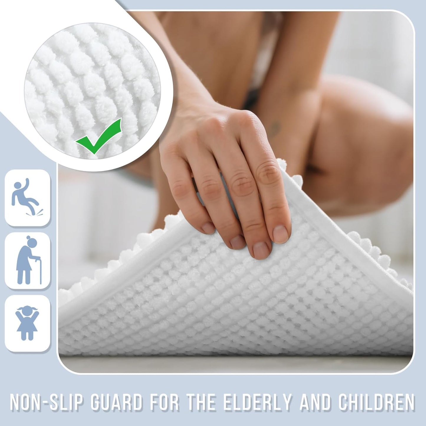 Yimobra Bathroom Rug Mat, Non Slip and Super Absorbent Bath Mat, Machine Washable Quick Dry, Ultra Plush Chenille Shower Rugs for Bathroom Floor Sink Tub and Shower Outside, White, 24 x 17