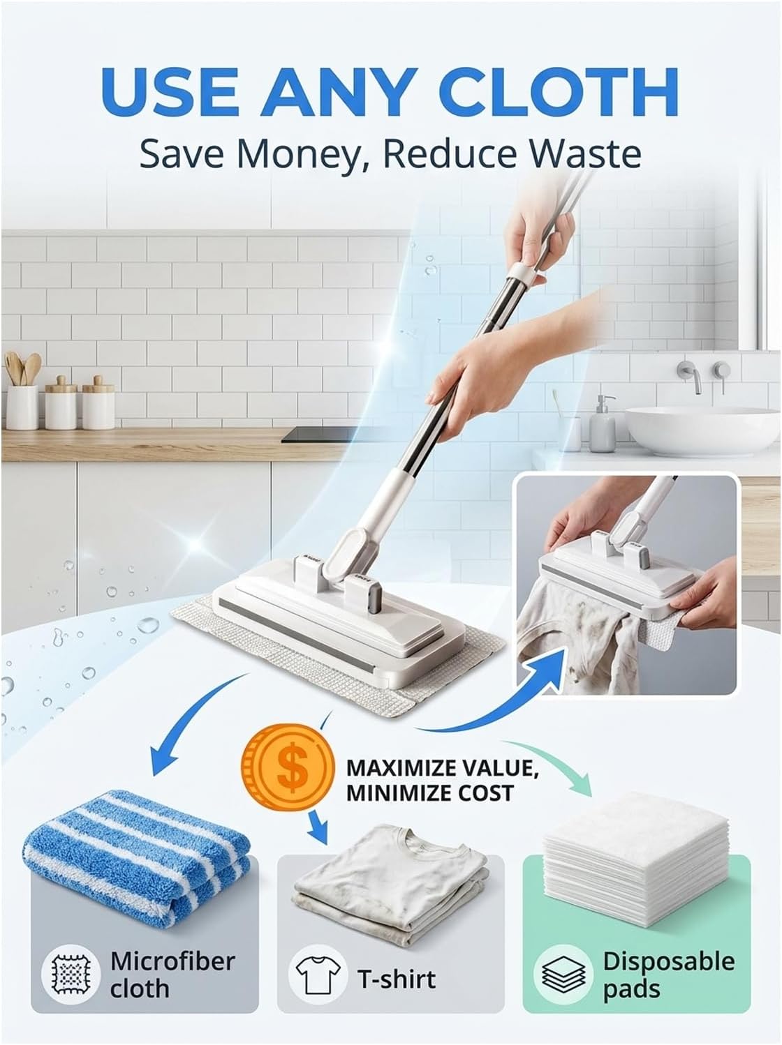 Hands-Free Multi-Purpose Flat Mop – Lazy Cleaning & Face Towel Compatible 39in Long Handle Dust with Locking Head for Wall Bathroom Toilet Corners Multi-Surface