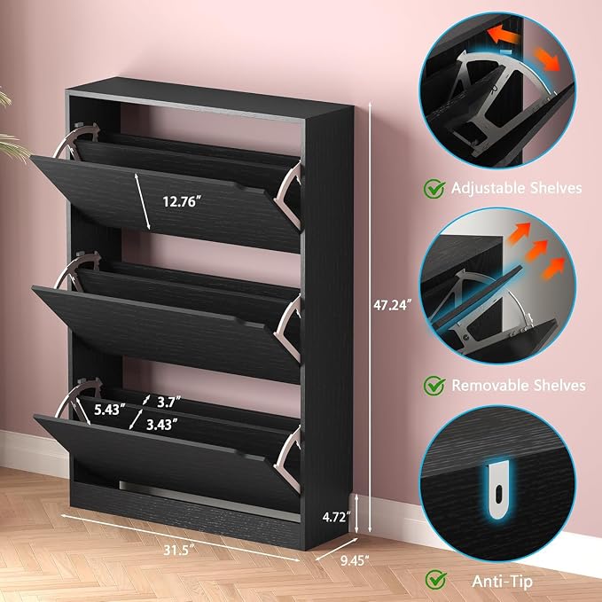 Shoe Storage Cabinet with 3 Flip Drawers, Narrow Shoe Rack Cabinet, - Image 2