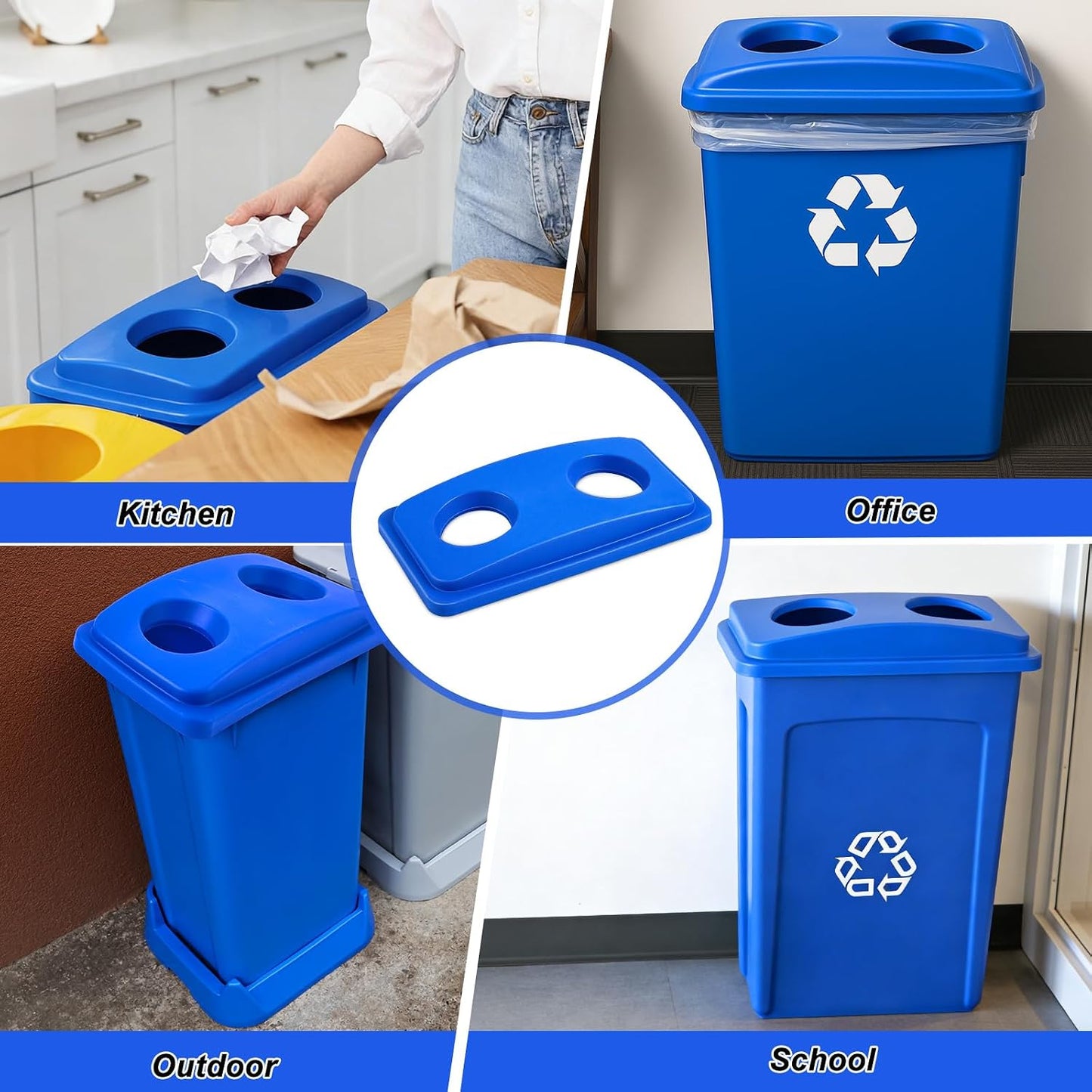 Maxdot 4 Pcs Recycle Bin Lids Each with Two Bottles & Cans Openings Plastic Fit 23 Gallon Slim Trash Can for Waste Recycling Sorting Kitchen Classrooms Offices Outdoor (Blue)