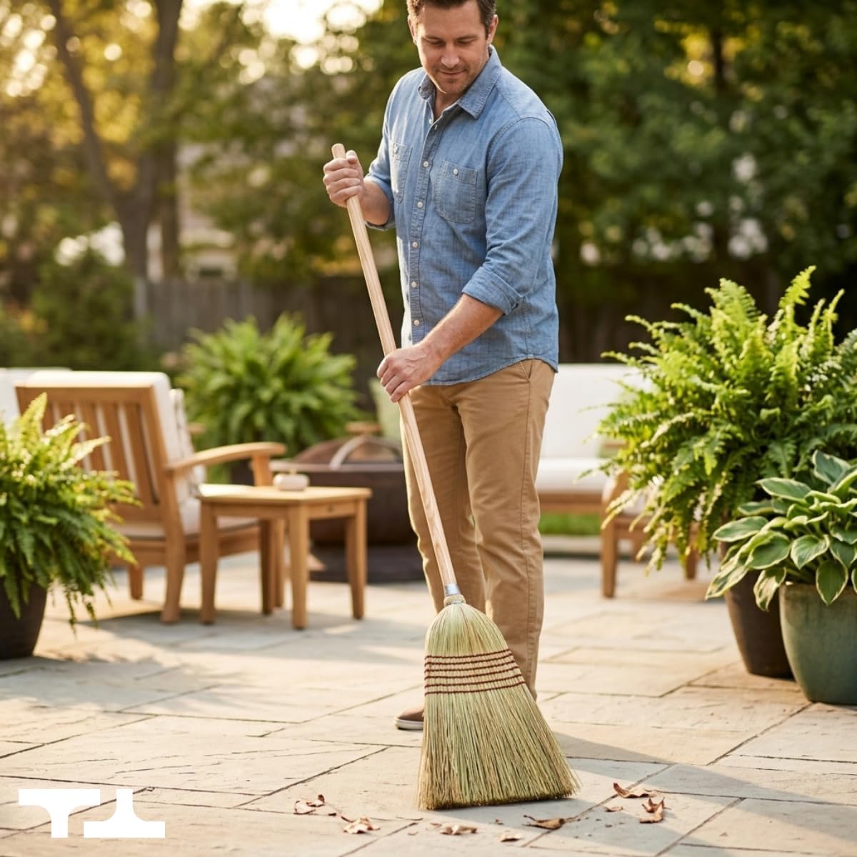 Corn Broom with Wood Handle Heavy Duty Indoor Outdoor Broom (1 1/4 Inch Handle)