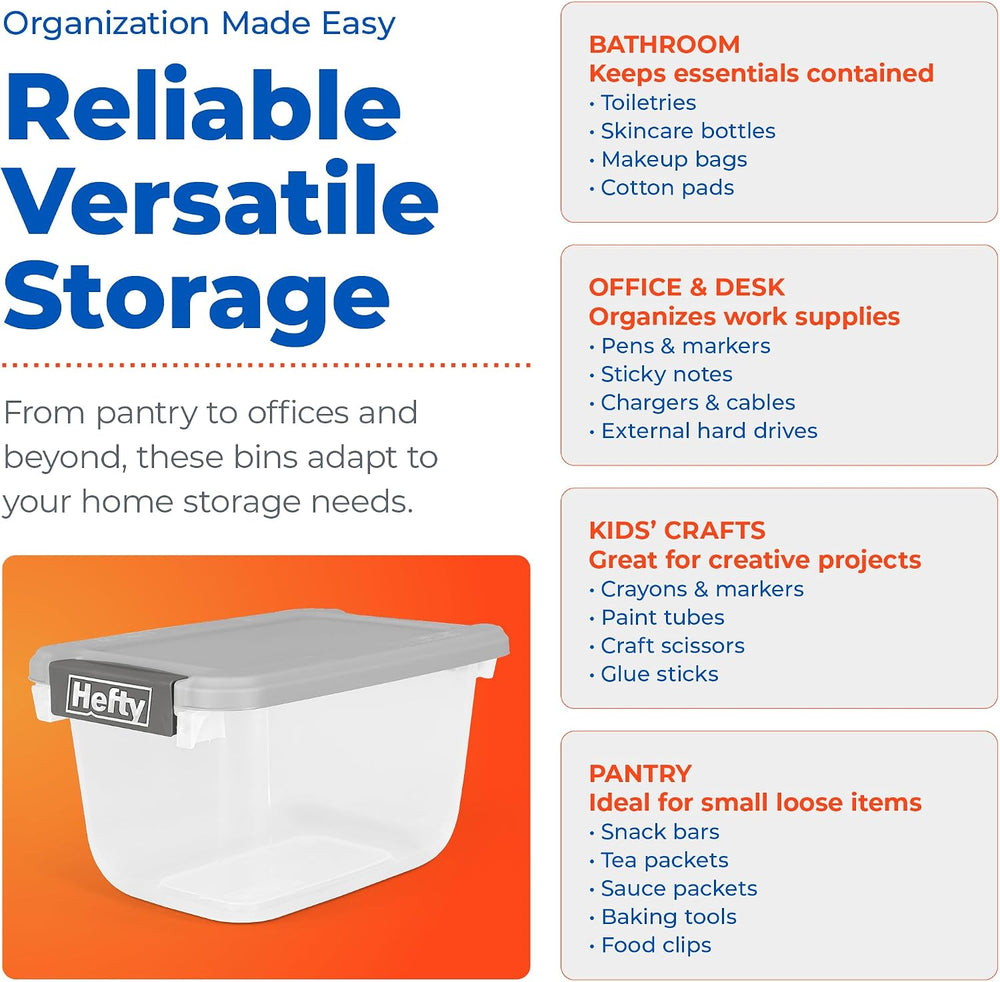 Hefty 6.5 Qt Flat-Lid Storage Bin with Lid, Stackable Plastic Storage Contain...