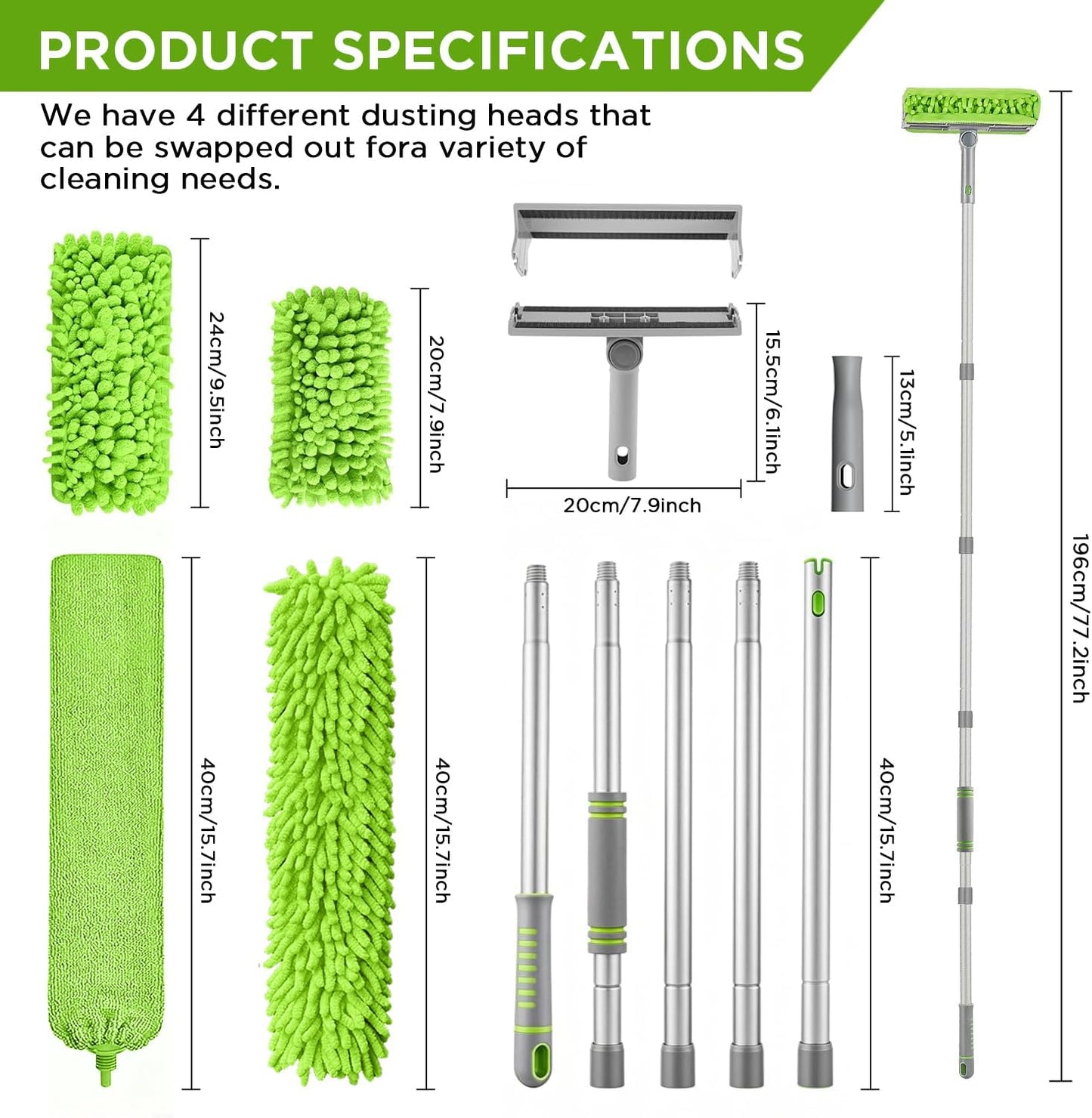 Cleaning Set, Equipped with a 72 inch extendable Handle, Reusable Crevice Brush, Chenille dust Collector, Cleaning Cloth, 2 Replacement Fan Brush Cloths Suitable for, Fans, Furniture, etc