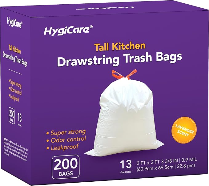 13 Gallon Tall Kichen Trash Bags, Lavender Scented 200 Count Drawstring Garbage by HygiCare