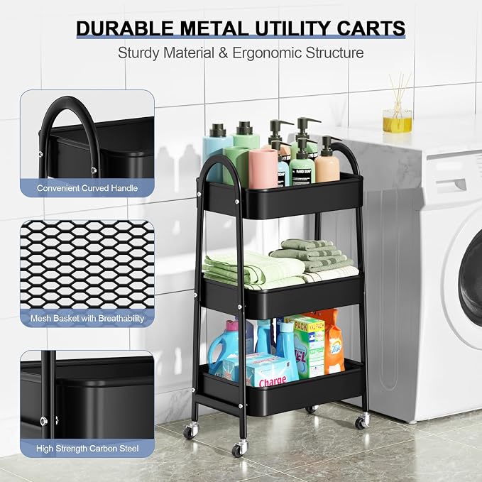 EAGMAK 3 Tier Utility Rolling Cart, Metal Storage Cart - Image 2