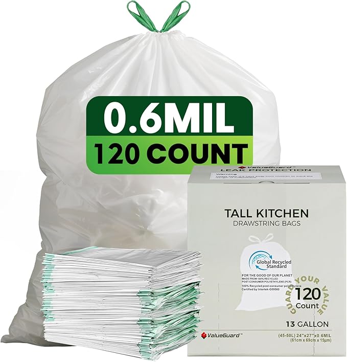Large Trash Bag 13 Gallon Tall Drawstring 100% Post-Consumer Recycled Garbage by ValueGuard