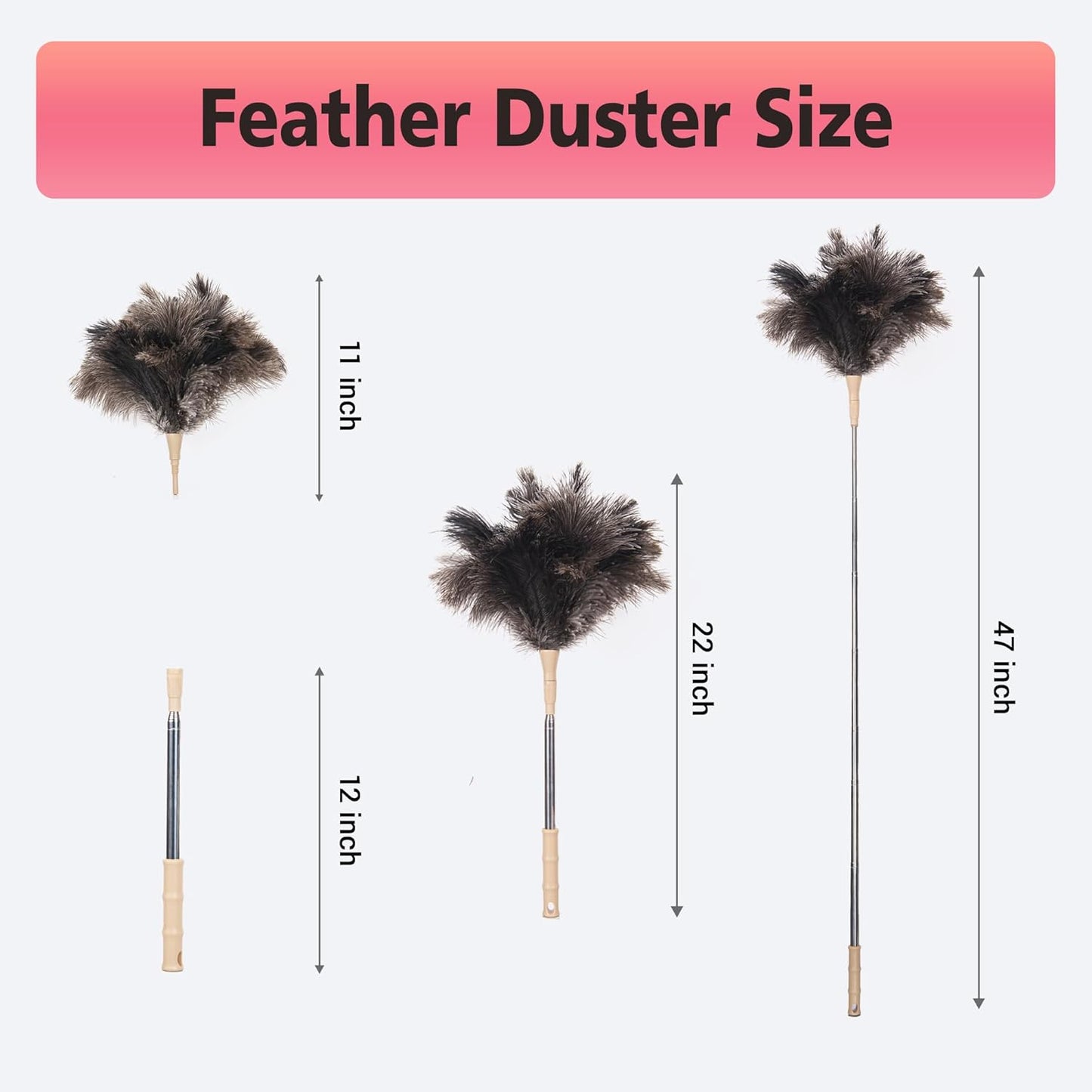 Extendable Ostrich Feather Duster, Natural Ostrich Feathers Long Handle Duster for Cleaning, 47” Soft & Fluffy Feather Duster for High Ceilings, Fans, Walls, Furniture, Home Dusting