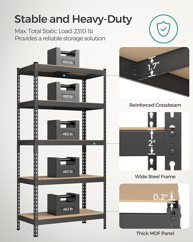 SONGMICS 5-Tier Storage Shelves, Load 2310 lb, Boltless Assembly, Adjustable