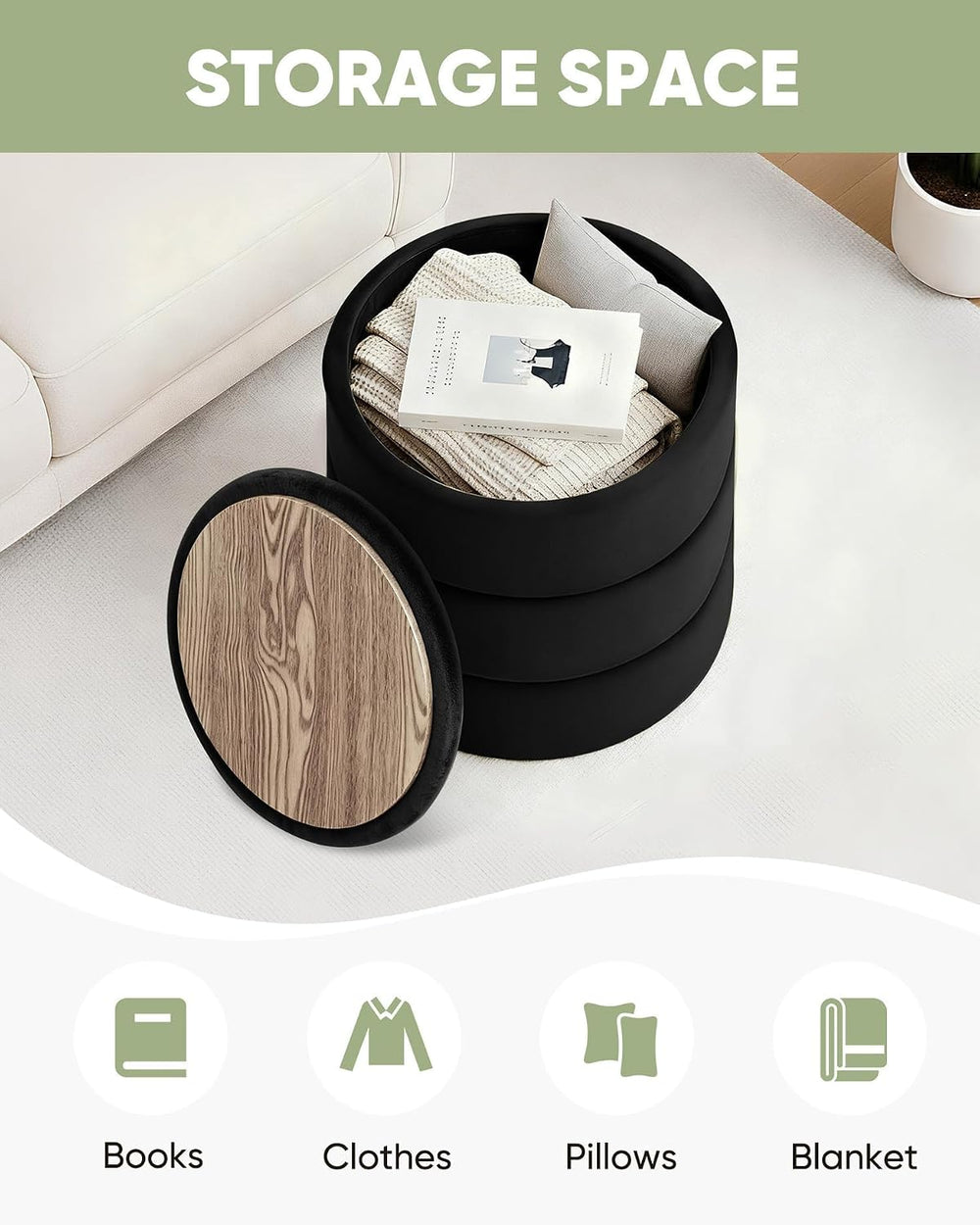 B FSOBEIIALEO 15.4" Round Velvet Storage Ottoman with Tray, Black
