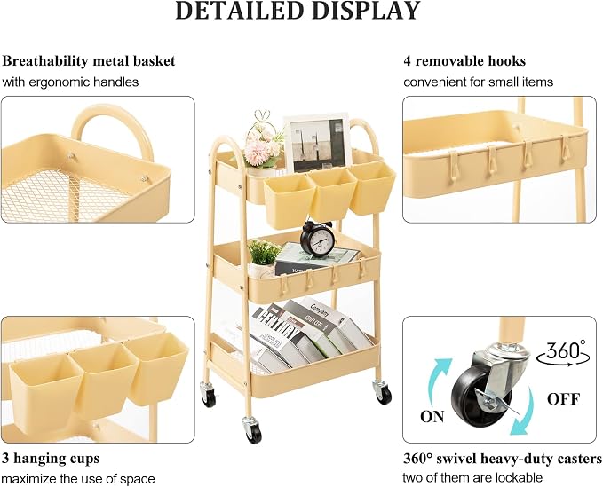 danpinera 3-Tier Rolling Cart, Metal Rolling Storage Cart - Image 3