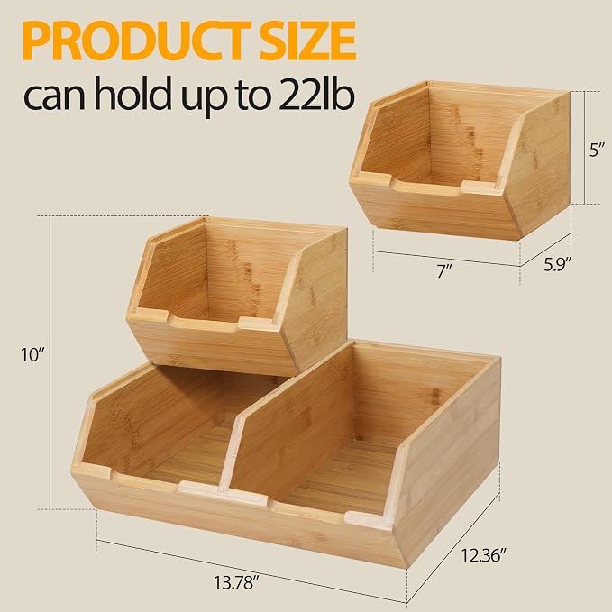 Pantry Storage Bins 3-Pack, Stackable Bamboo Containers - Image 3