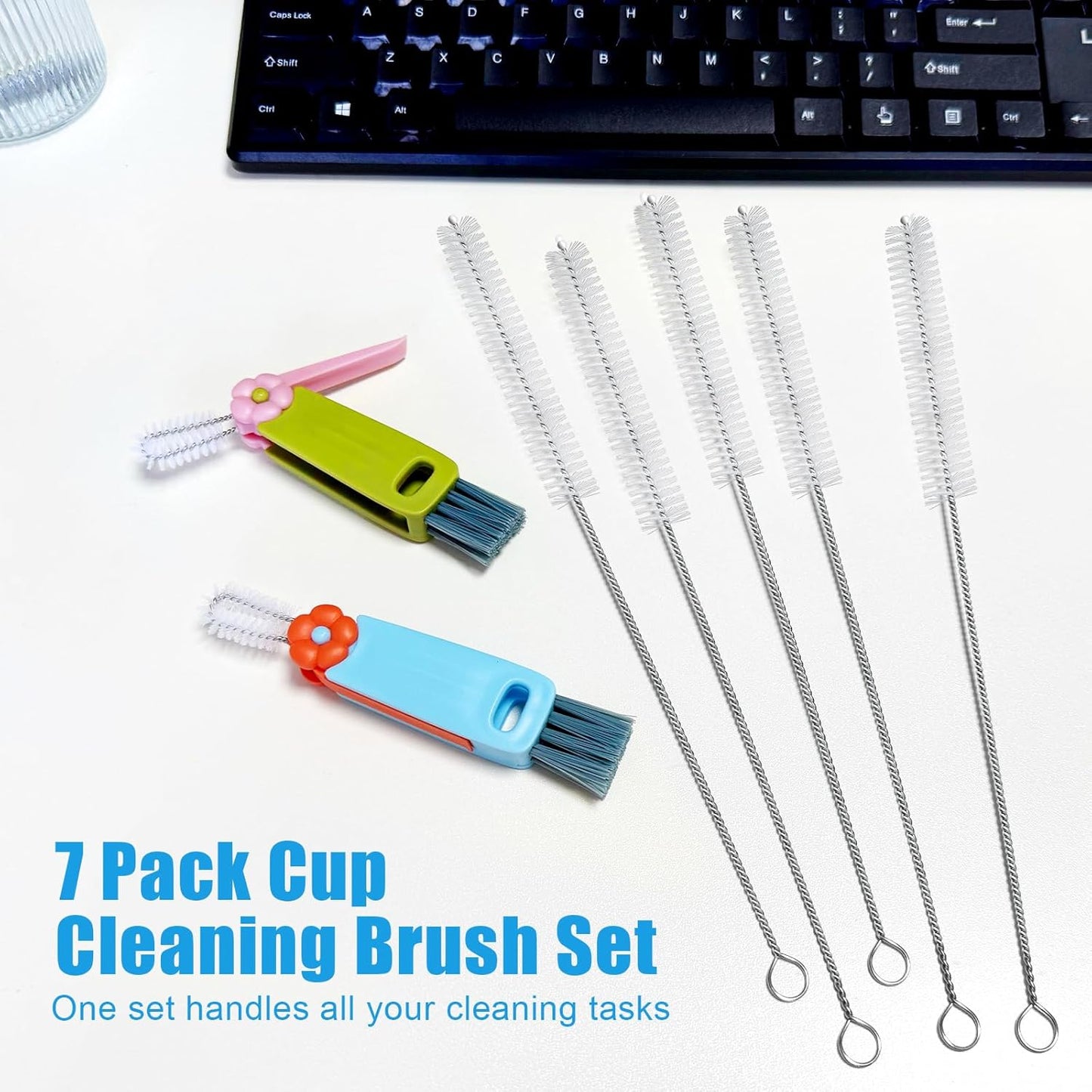 7Pcs 3-in-1 Cup Lid Gap Cleaning Brush & Straw Brush Set, Reusable Metal Straw Cleaner, Multifunctional Bottle Cleaning Kit for Sippy Cups & Water Bottles