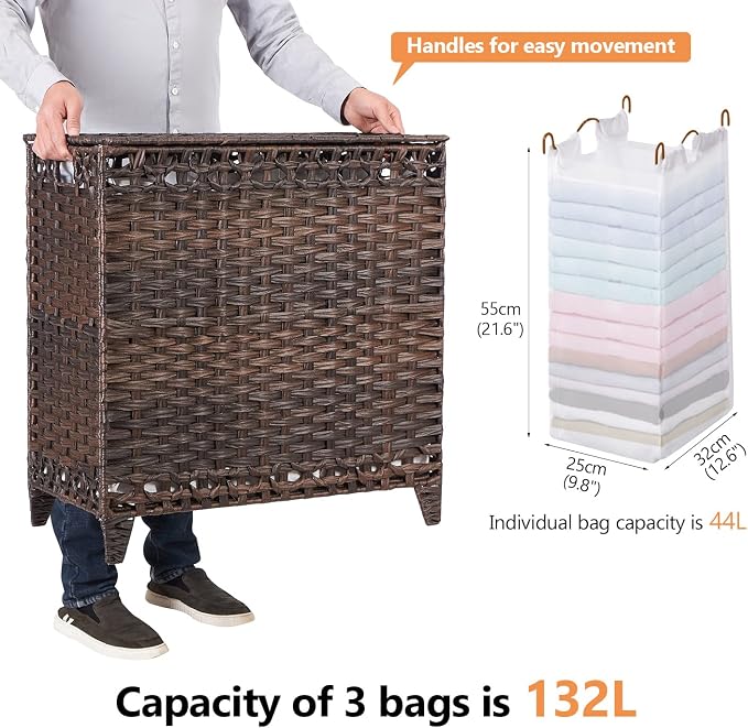Laundry Hamper with 3 Removable Liner Bags; 132L Handwoven Rattan Laundry - Image 4