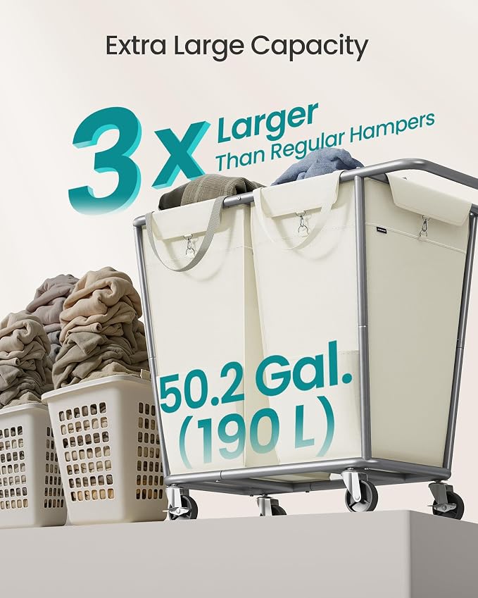 SONGMICS Laundry Basket with Wheels, 50.2 Gallons, 2-Section Rolling Laundry - Image 3