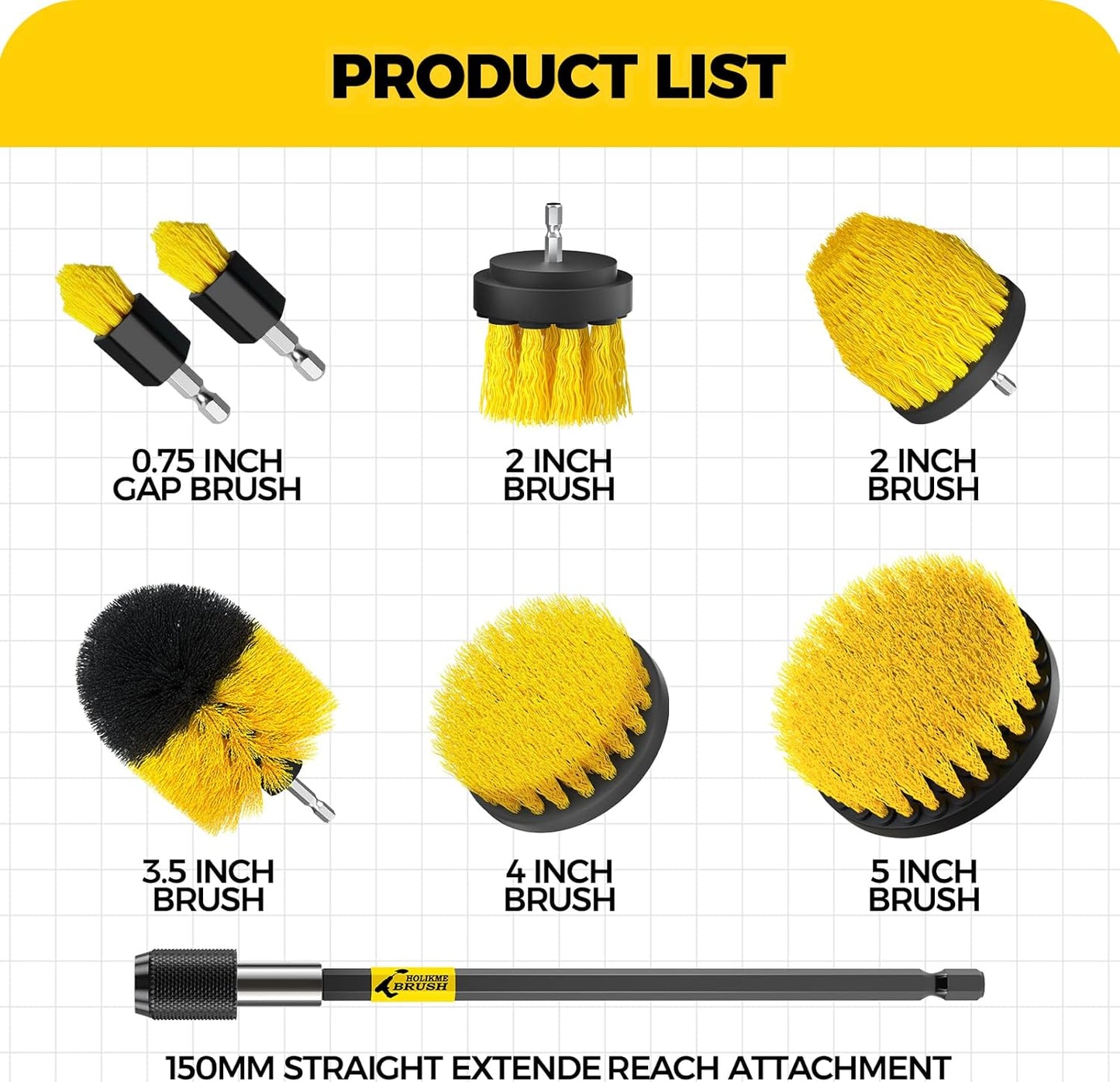 Holikme 8 Piece Drill Brush Attachments Set, Power Scrubber with Extend Long Attachment，Cleaning Supplies for Bathtub, Shower, Grout, Tile(Yellow)