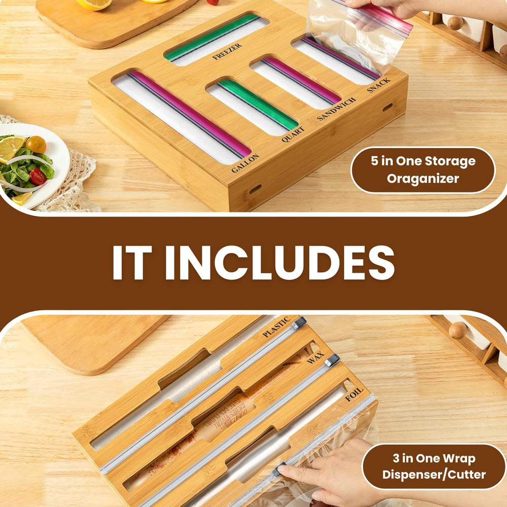 9-in-1 Bamboo Kitchen Drawer Organizer - Storage Bag Holder with Built-In Foi...