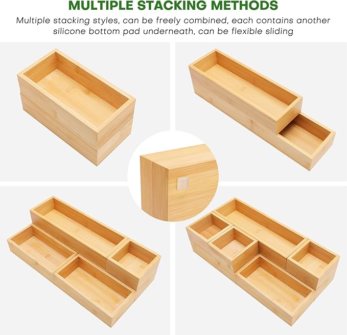 Bamboo Drawer Organizer Set, Junk Drawer Divider and Storage Trays Containers - Image 3