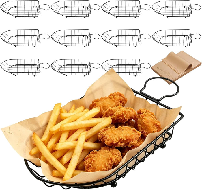12pcs Wire Bread Basket, 9.5 * 5 * 2.2in-Metal Food Baskets with Handles, Reusable Deli, Burger and Chip Baskets with 50 Deli Wrapper for Restaurant Kitchens, Barbecues and Fast Food Hushee