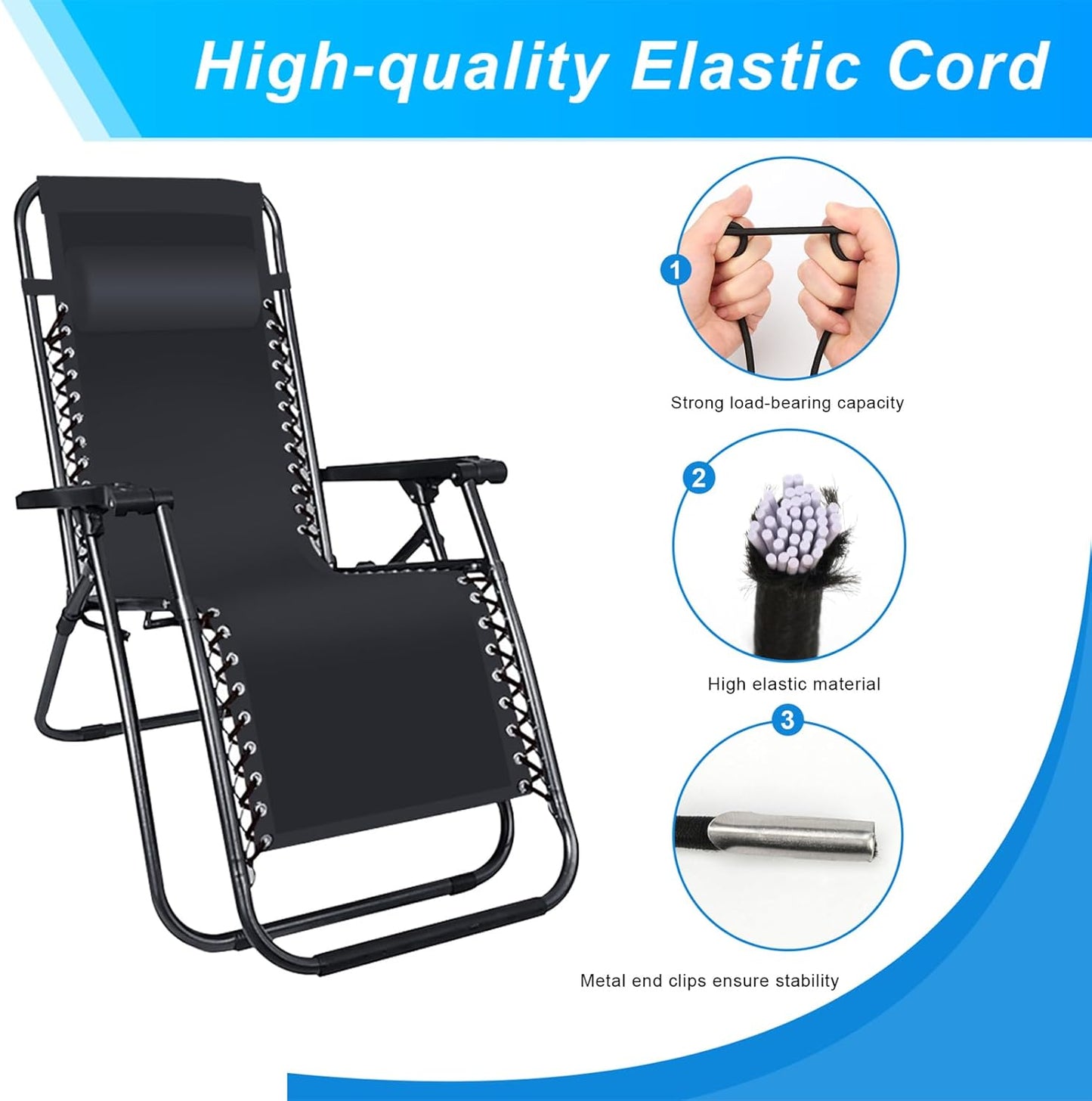 COITEK 4PCS Replacement Cord for Zero Gravity Chair, Universal Elastic Repair Cord for Recliners Replacement Laces Rope for Lounge, Bungee Beach Chair (Black)