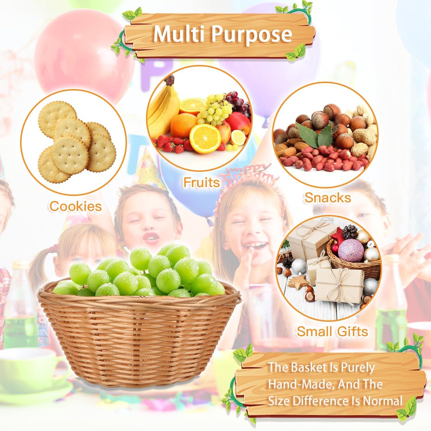 12 Pcs Round Small Plastic Bread Basket, Wicker Basket for Serving 7x7x3 Inch Woven Food Storage Basket, Fruit Basket, Gift Basket (Comes with Food Blotting Sheets) Brown