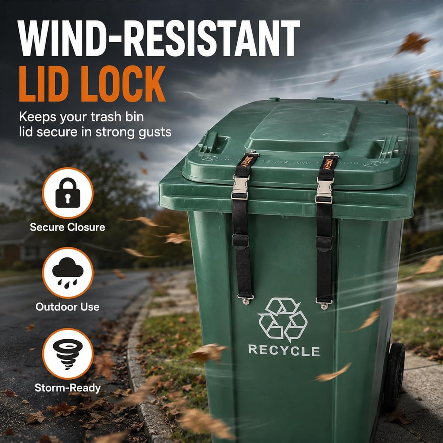 2PCS Heavy-Duty Bear Proof Trash Can Locks - Animal-Proof Lid Straps with Secure Buckle for 28-96 Gallon Outdoor Bins, Anti-Raccoon & Wildlife
