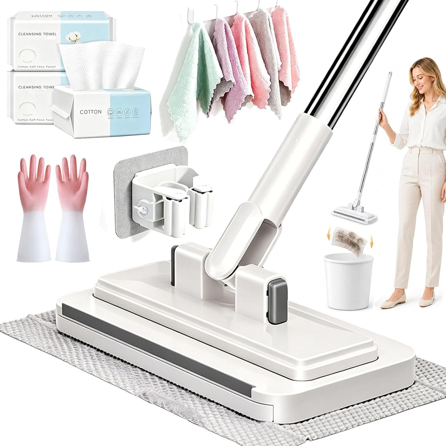 Hands-Free Multi-Purpose Flat Mop, 2026 New Hands Free Flat Mop One Click, Lazy Cleaning & Face Towel Cloth Changing Mini Mops, 360° Rotating Mops Head, for Floor, Wall, Bathroom (S(37.4in))