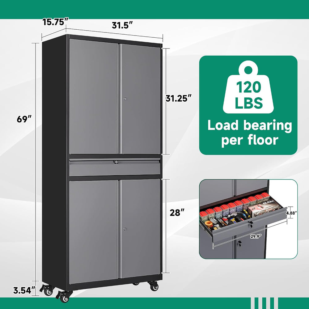 Letaya Metal Garage Storage Cabinet with Wheels,72” Rolling Tool Cabinet with...
