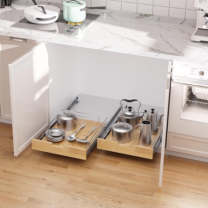 Pull Out Cabinet Organizer, Heavy-Duty Slide Out Shelf, Wood And Wire Basket - Image 5