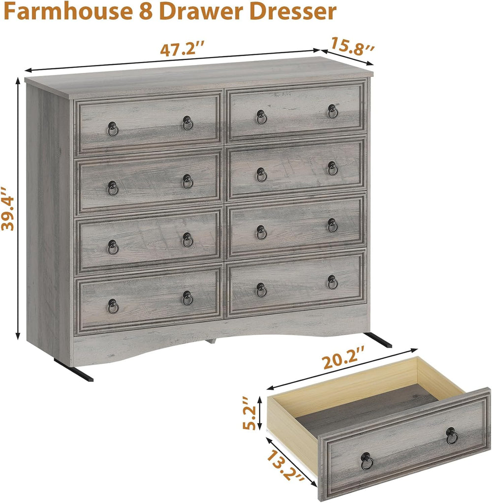 VVFLU Grey 8 Drawer Dresser for Bedroom, Wood Chest of Drawers, Large Storage...