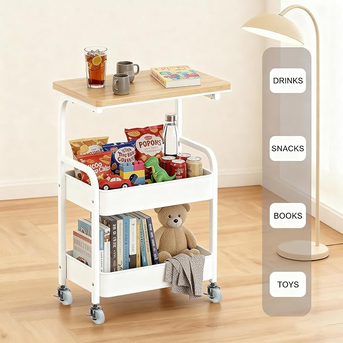 Rolling Cart with Wooden Tabletop 3-Tier Metal Utility Rolling Cart Storage - Image 3