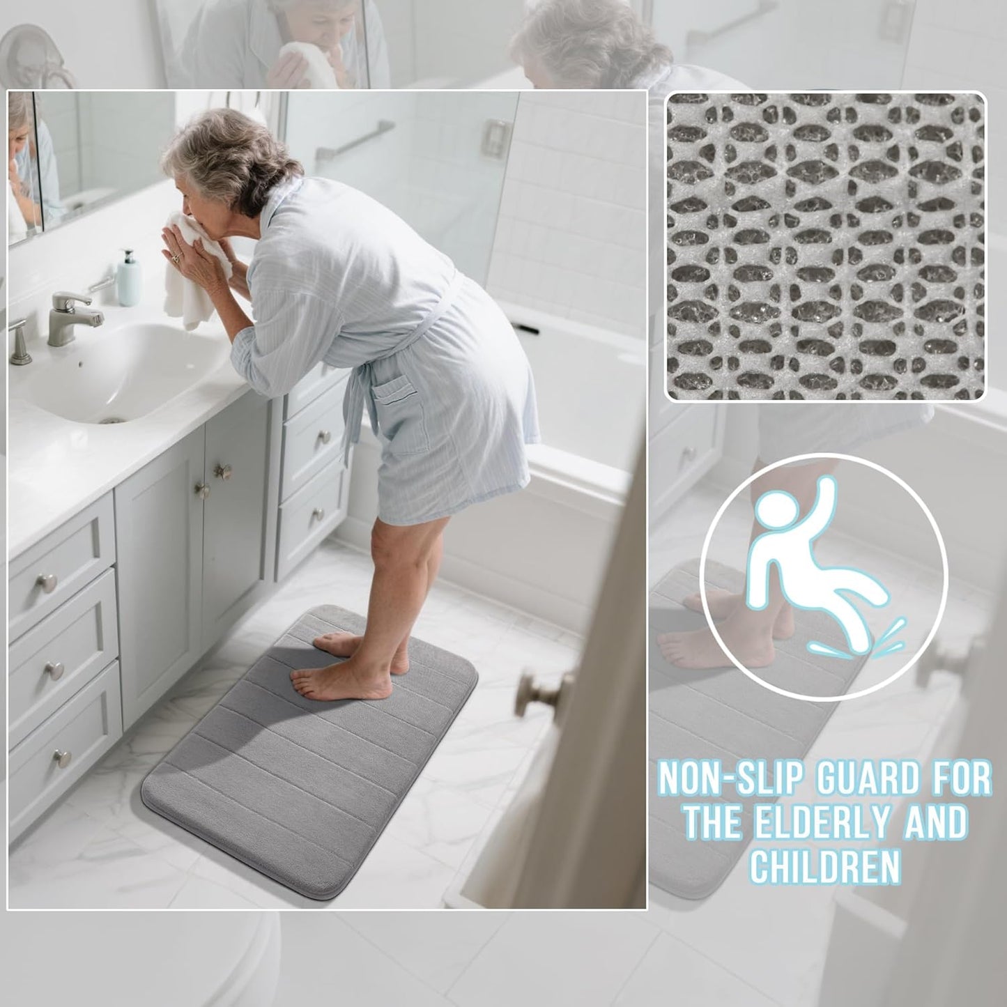 Yimobra Memory Foam Bathroom Rugs Sets 2 Piece - Super Soft Absorbent Quick Dry Bath Mat Set, Machine Washable Non Slip Floor Carpet for Tub Shower & Single Sink (17x24 & 31.5x20 Inch, Gray)