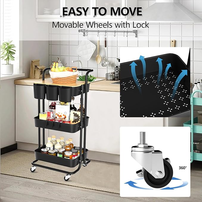 3 Tier Rolling Cart with Metal Handle, Table Top, Hanging Cups, Plastic Storage - Image 2