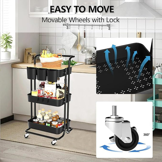 3 Tier Rolling Cart with Metal Handle, Table Top, Hanging Cups, Plastic Storage - Image 2
