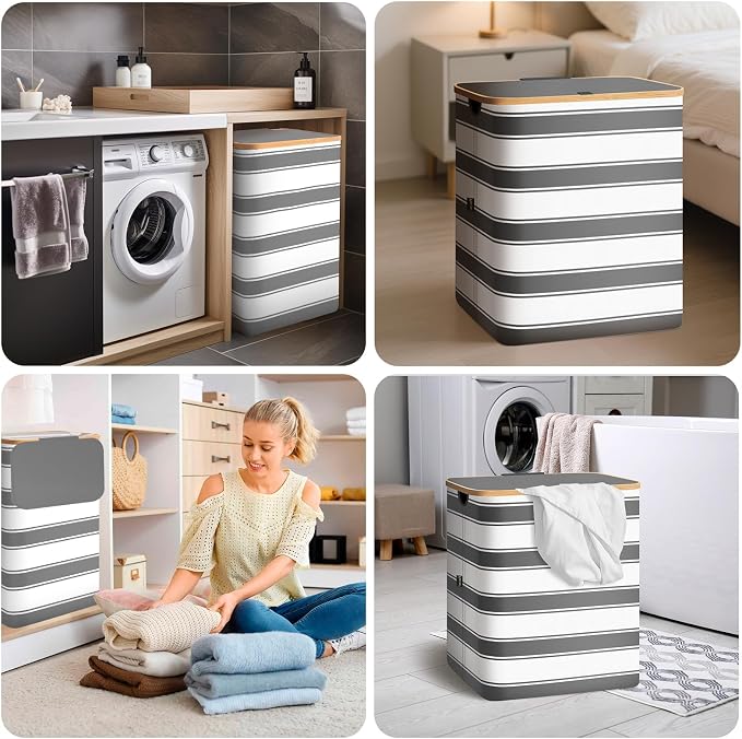 BALEINE Laundry Hamper with Lid, Tall Laundry Baskets with Bamboo Pull Handles - Image 8