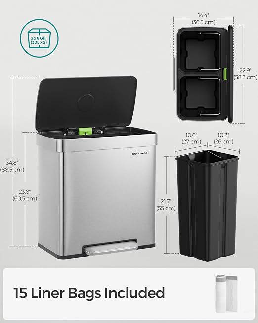 SONGMICS Kitchen Trash Can, 16 Gallon Dual Compartment Garbage Can, 60L Pedal - Image 5