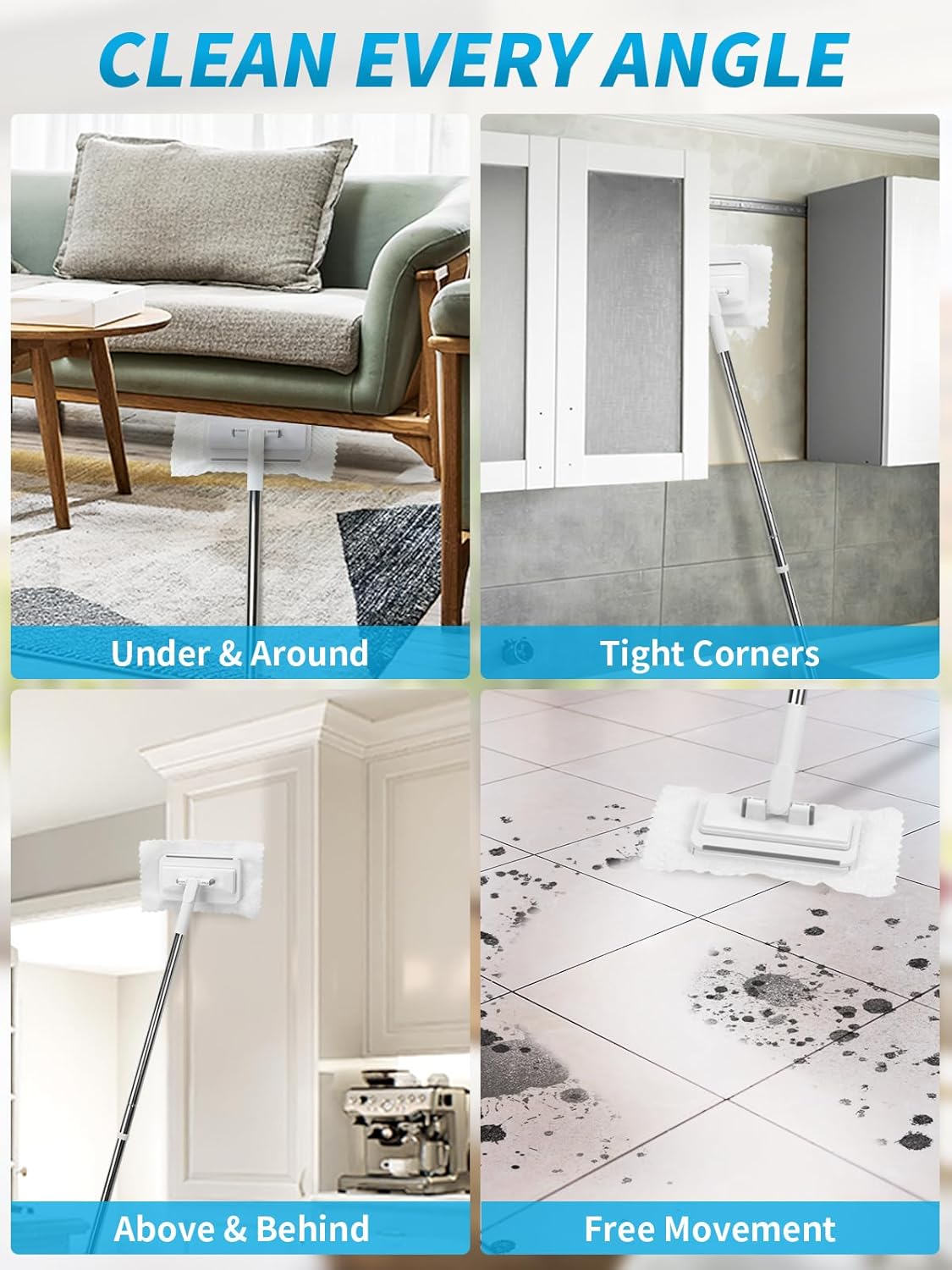 Snap Grip Mini Mop with 5 Reusable Cloths, 50 Inch Adjustable Lazy Mop, Hands Free Cloth Changing Flat Mops with Wall Hook for Wet Dry Floor Wall Bathroom Kitchen Corner Cleaning