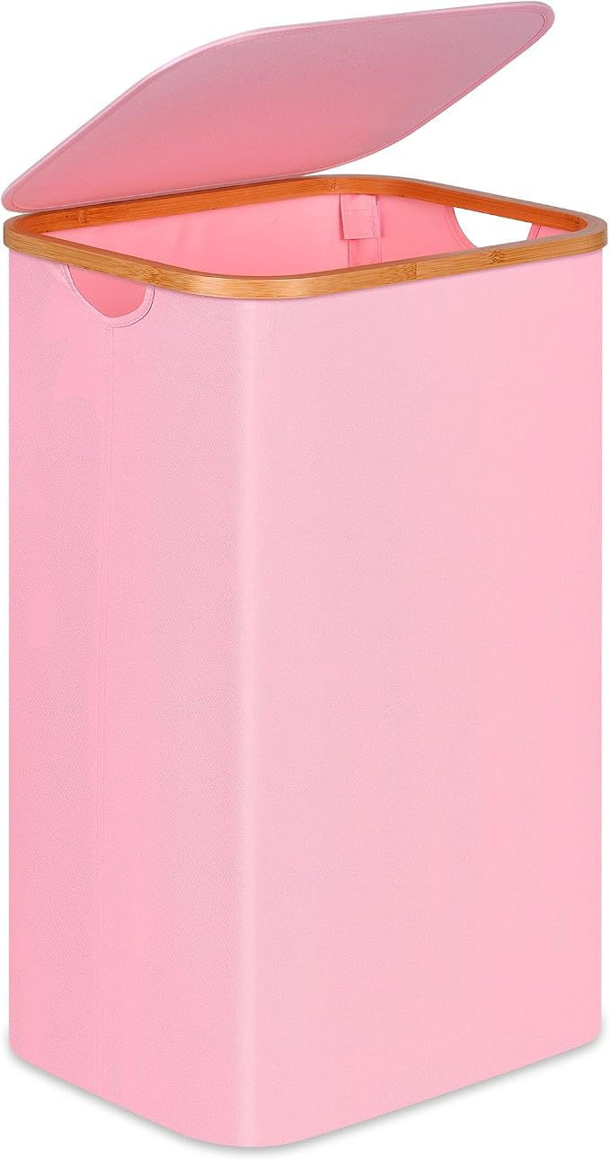 100L Laundry Hamper with Lid, Lagre Basket with Bamboo Handles, Foldable by Merkisa