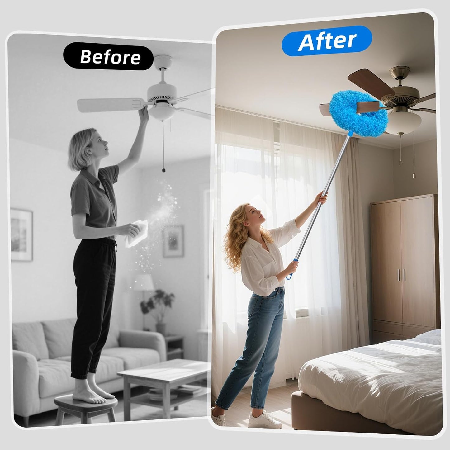 DRQ Ceiling Fan Cleaner Duster, Reusable Microfiber Duster with Extension Pole, 13 to 48 Inch Fan Blade Cleaner, Removable Dusters for Cleaning Walls Bookshelves Door Window Top (Blue)