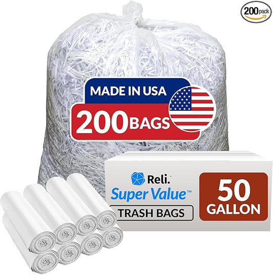 Reli. Premium 50 Gallon Trash Bags | 200 Count | Made in USA | Heavy Duty | by Reli