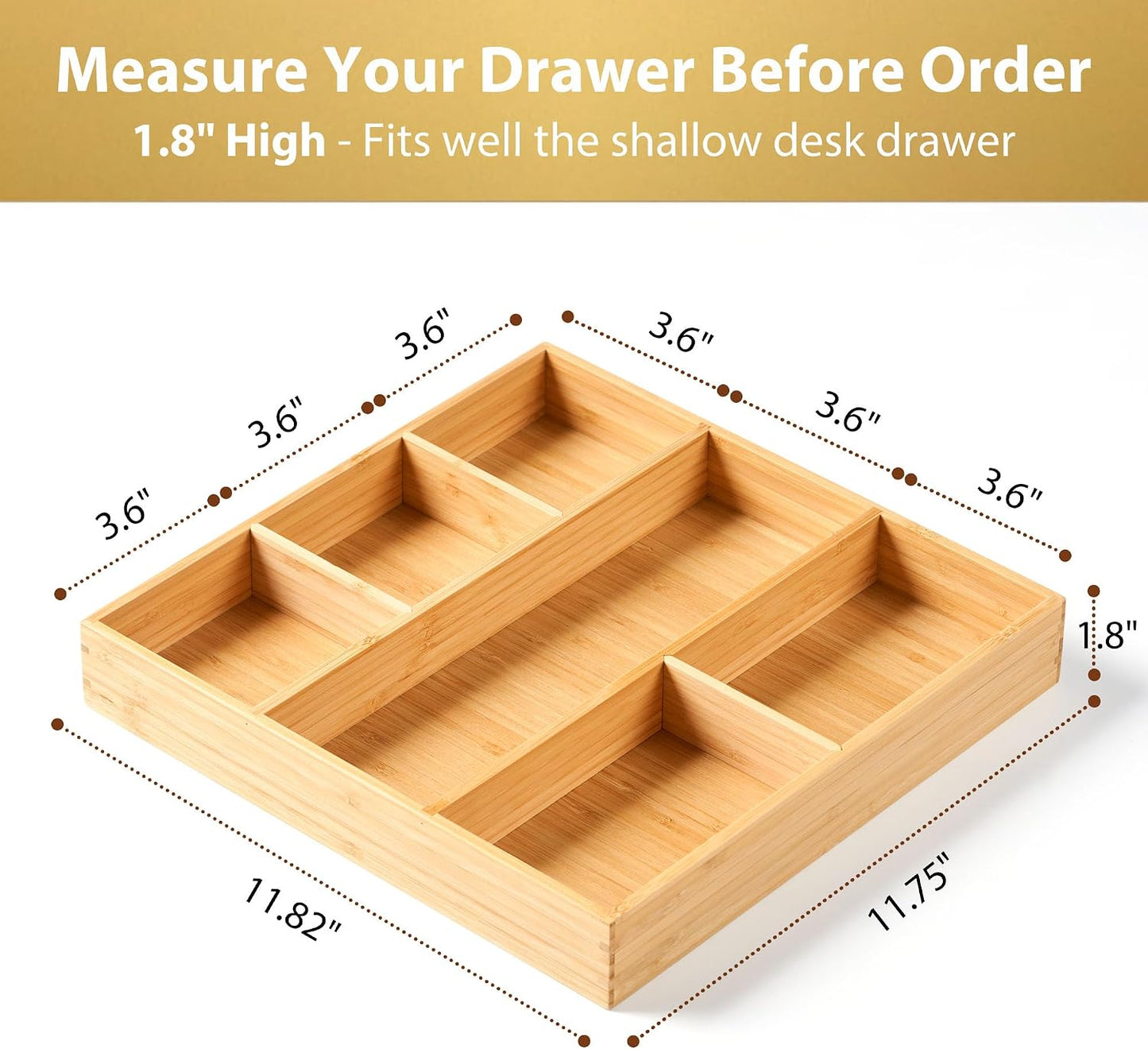 Bamboo Desk Drawer Organizer, Wood Office Junk Tray, 12"x12" | 1.8" Tall for Shallow Drawer - Adjustable dividers - Anti Slip Silicone Pads - Versatile Storage Box in Kitchen, Pantry