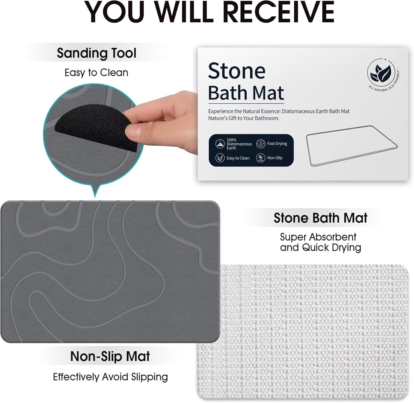 ZIKIBL Stone Bath Mat Diatomaceous Earth Shower Mat Non-Slip Super Absorbent Diatomite Stone Mats for Bathroom Floor Quick-Drying Easy to Clean (24''*16'' Grey)