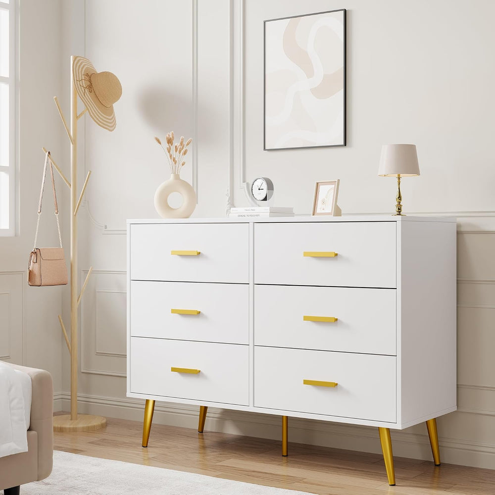 IDEALHOUSE 6 Drawer Dresser, Chest of Drawers with Gold Handles, White