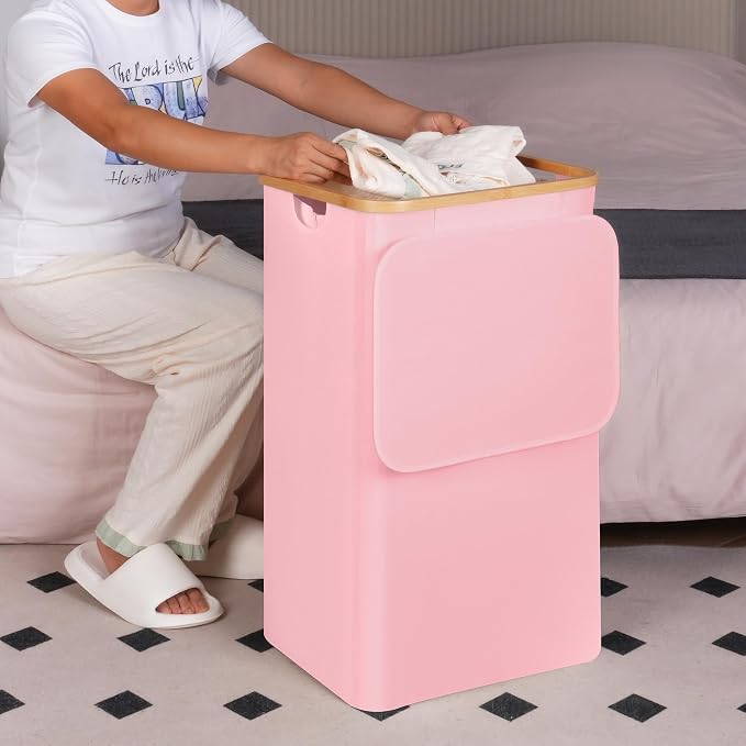 26 Gal Laundry Basket with Lid and Net Bag, Tall Laundry Hamper with Bamboo - Image 6